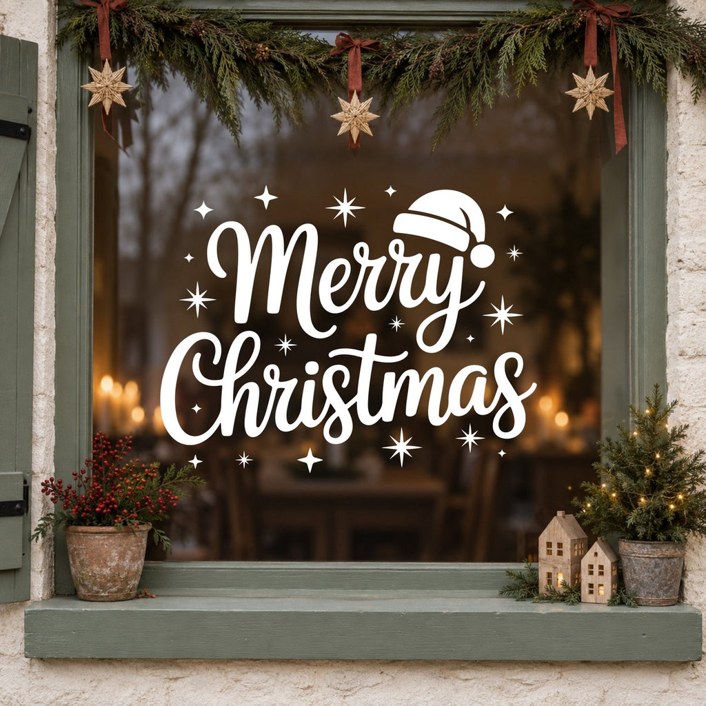 Merry Christmas Santa Hat Window Sticker in white on a sage green framed window decorated for Christmas