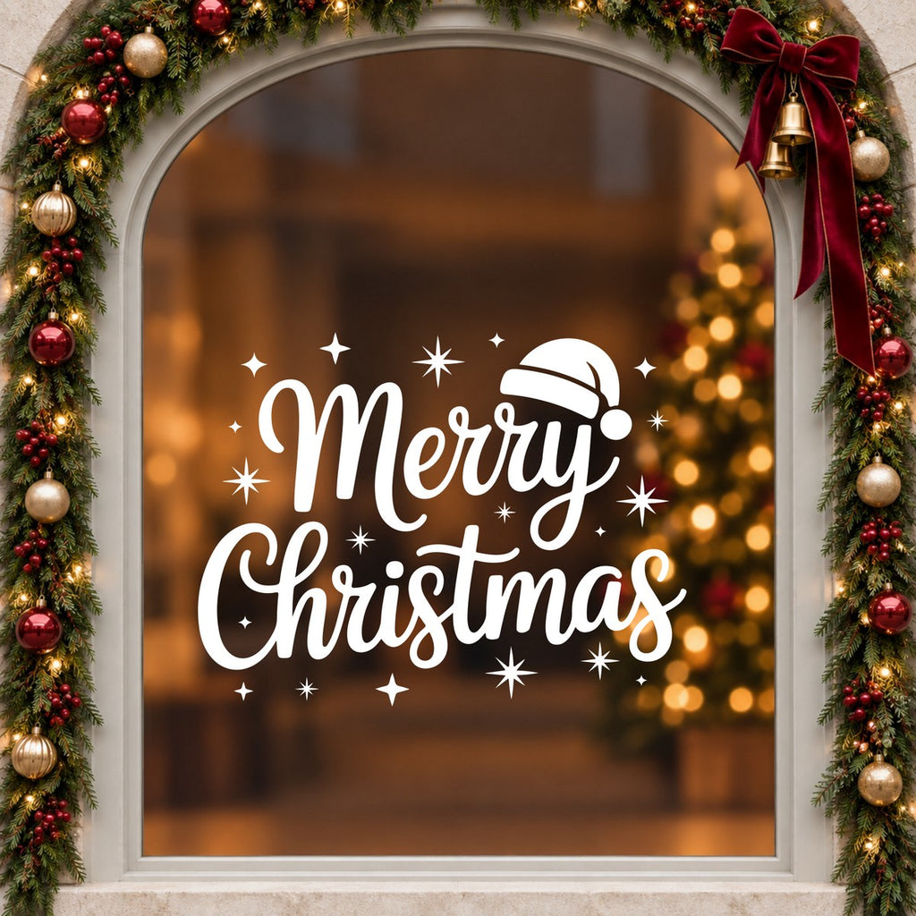 Merry Christmas Santa Hat Window Sticker in white on an arched cream window with a Christmas garland and red bow