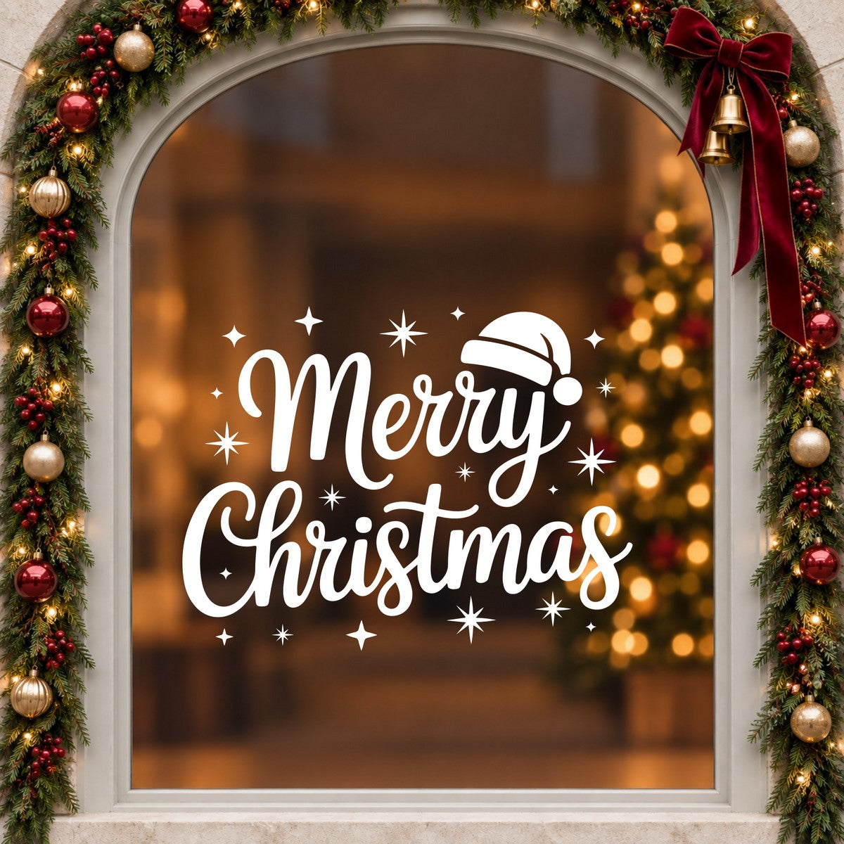 Merry Christmas Santa Hat Window Sticker in white on an arched cream window with a Christmas garland and red bow