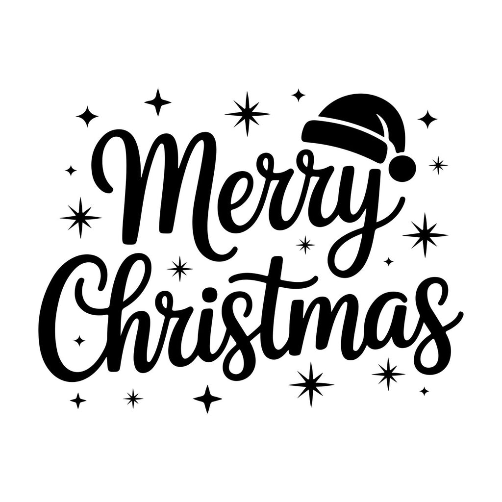Merry Christmas Santa Hat Window Sticker in black on a plain white background, showing flowing Merry Christmas lettering topped with a Santa hat and surrounded by sparkling stars