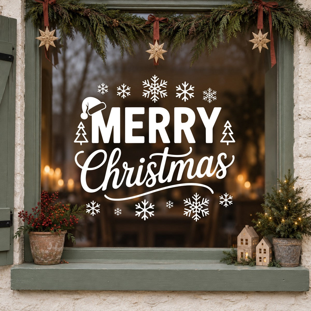 Merry Christmas Snowflake Window Sticker in white on a sage green framed window decorated for Christmas