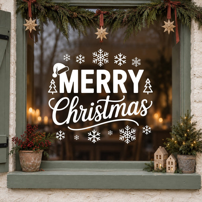 Merry Christmas Snowflake Window Sticker in white on a sage green framed window decorated for Christmas