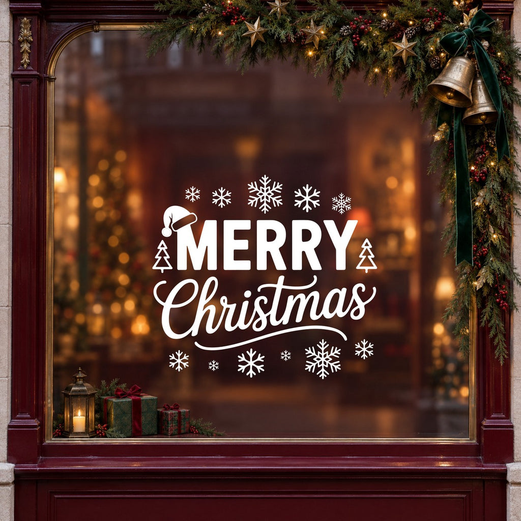Merry Christmas Snowflake Window Sticker in white on a burgundy shop window with festive greenery, bells and gifts