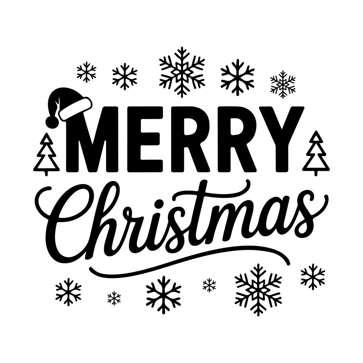 Merry Christmas Snowflake Window Sticker in black on a plain white background, showing bold MERRY lettering, a flowing Christmas greeting, a Santa hat, small outline trees and rows of snowflakes