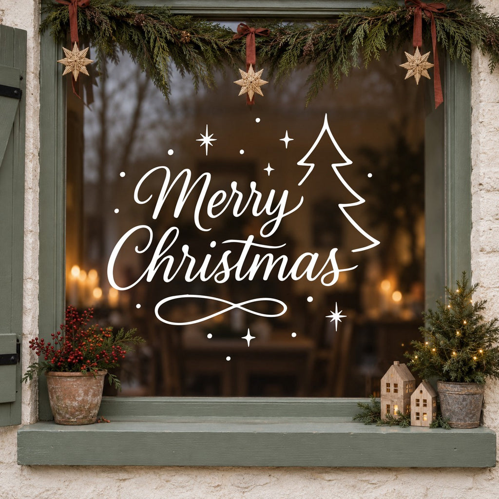 Merry Christmas Outline Tree Window Sticker in white on a sage green framed window decorated for Christmas