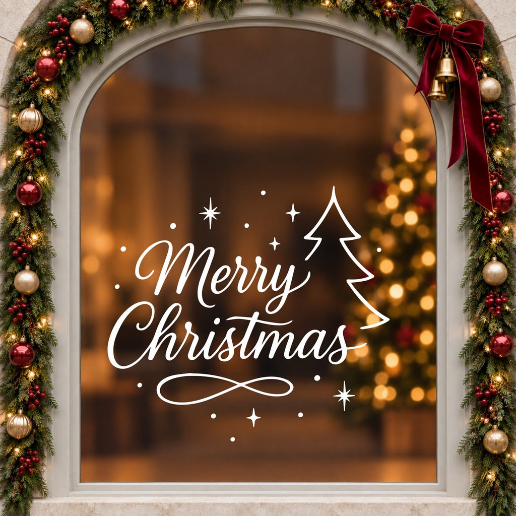 Merry Christmas Outline Tree Window Sticker in white on an arched cream window with a Christmas garland and red bow