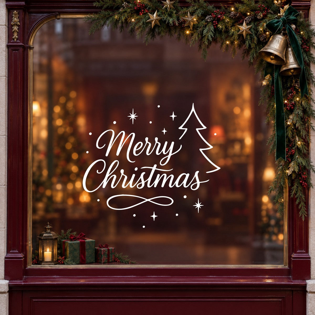 Merry Christmas Outline Tree Window Sticker in white on a burgundy shop window with festive greenery, bells and gifts