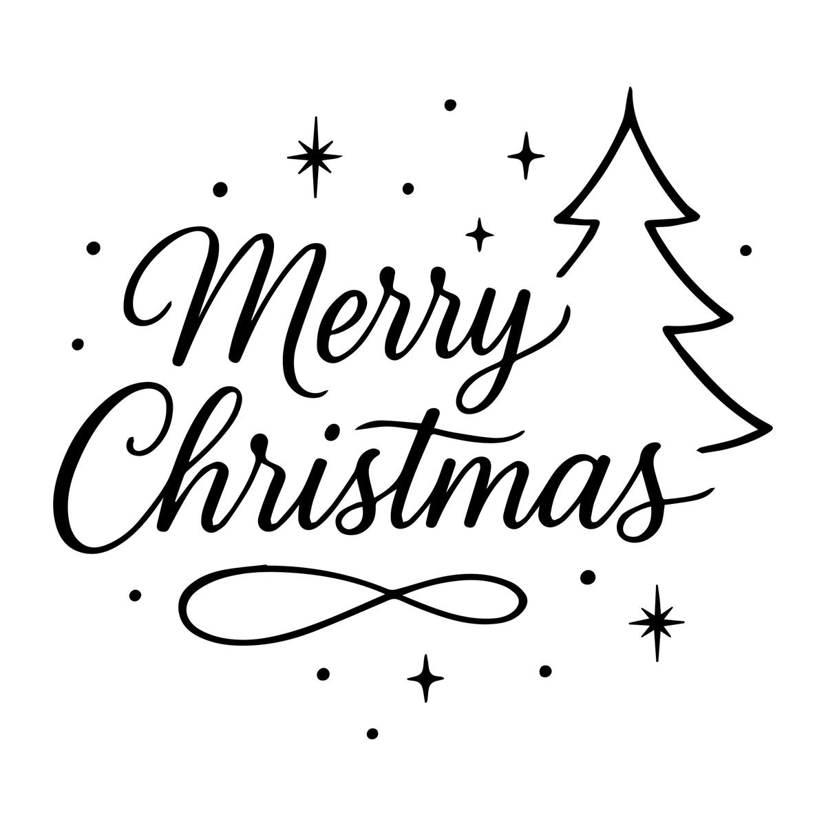 Merry Christmas Outline Tree Window Sticker in black on a plain white background, showing elegant Merry Christmas lettering beside an outline tree, with scattered stars and a looping flourish