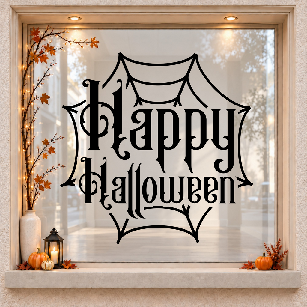 Ornate Happy Halloween Cobweb window sticker showing ornate Happy Halloween lettering framed by a cobweb, black vinyl on a light wood-framed Halloween window