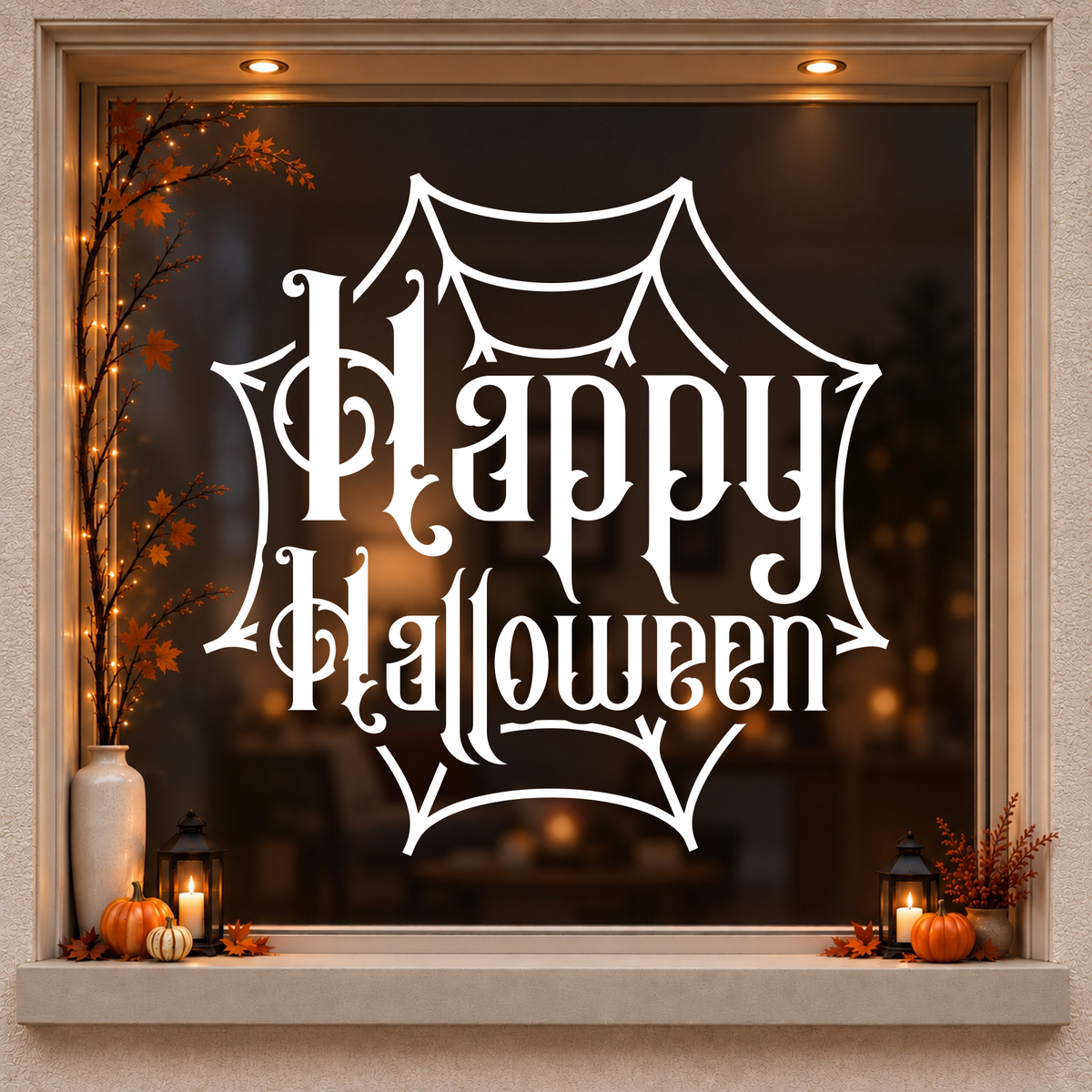 Ornate Happy Halloween Cobweb window sticker showing ornate Happy Halloween lettering framed by a cobweb, white vinyl on a dark wood-framed Halloween window
