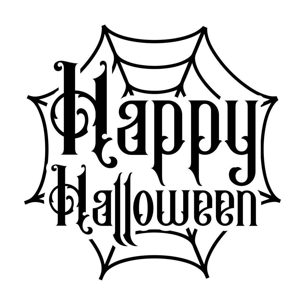 Ornate Happy Halloween Cobweb window sticker showing ornate Happy Halloween lettering framed by a cobweb, black vinyl artwork on a plain white background