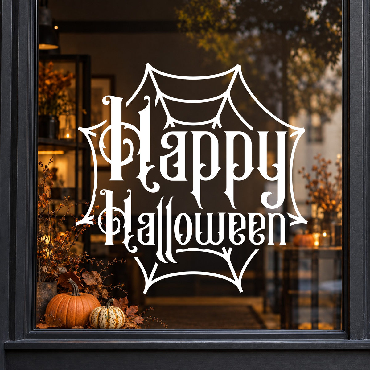 Ornate Happy Halloween Cobweb window sticker showing ornate Happy Halloween lettering framed by a cobweb, white vinyl on a dark shop window with a charcoal frame