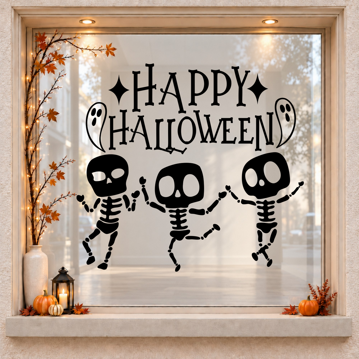 Dancing Skeletons Happy Halloween window sticker showing three dancing skeletons beneath Happy Halloween lettering, black vinyl on a light wood-framed Halloween window