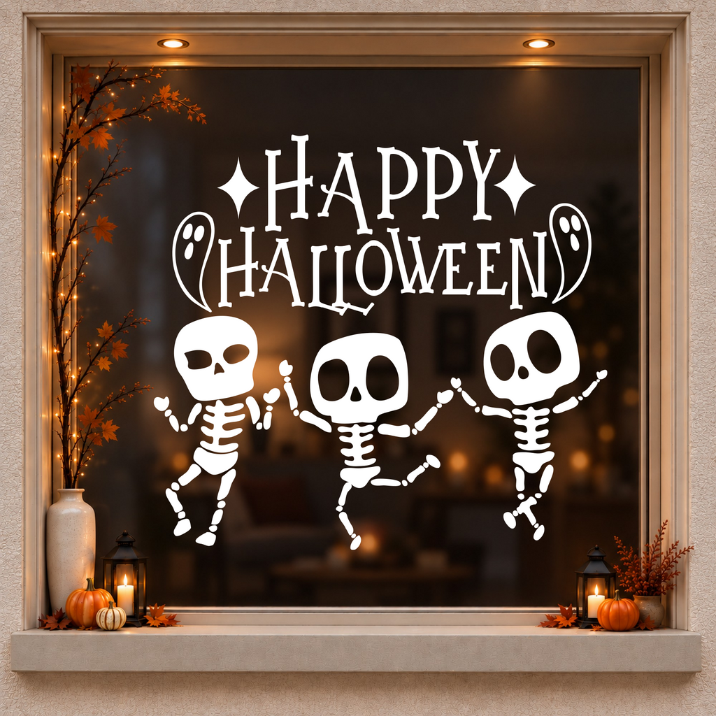 Dancing Skeletons Happy Halloween window sticker showing three dancing skeletons beneath Happy Halloween lettering, white vinyl on a dark wood-framed Halloween window