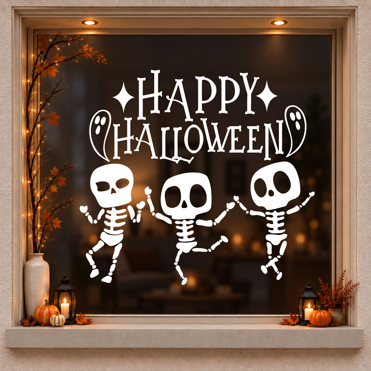 Dancing Skeletons Happy Halloween window sticker showing three dancing skeletons beneath Happy Halloween lettering, white vinyl on a dark wood-framed Halloween window