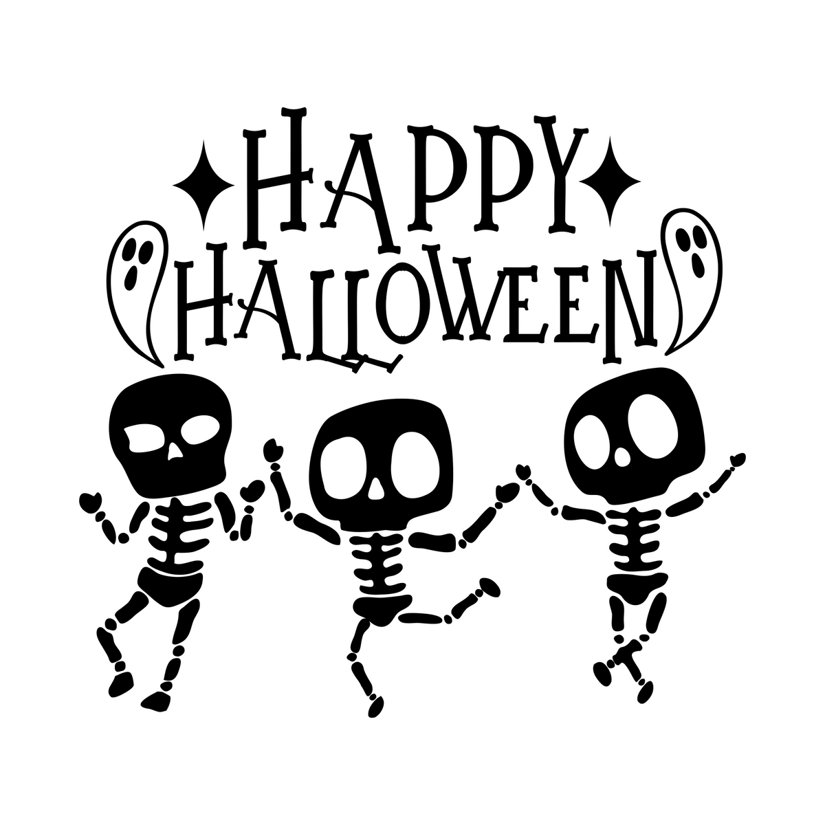 Dancing Skeletons Happy Halloween window sticker showing three dancing skeletons beneath Happy Halloween lettering, black vinyl artwork on a plain white background