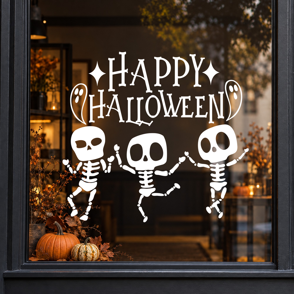 Dancing Skeletons Happy Halloween window sticker showing three dancing skeletons beneath Happy Halloween lettering, white vinyl on a dark shop window with a charcoal frame