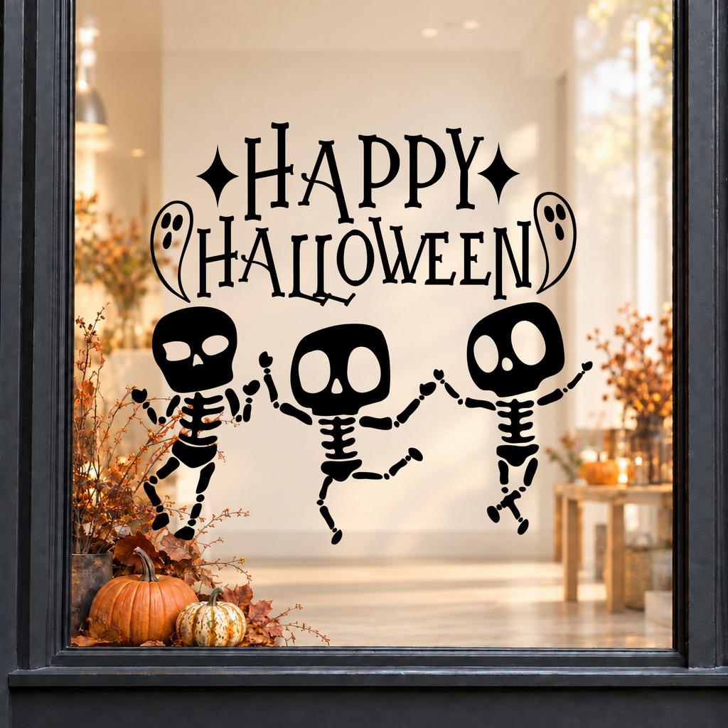 Dancing Skeletons Happy Halloween window sticker showing three dancing skeletons beneath Happy Halloween lettering, black vinyl on a light shop window with a dark charcoal frame
