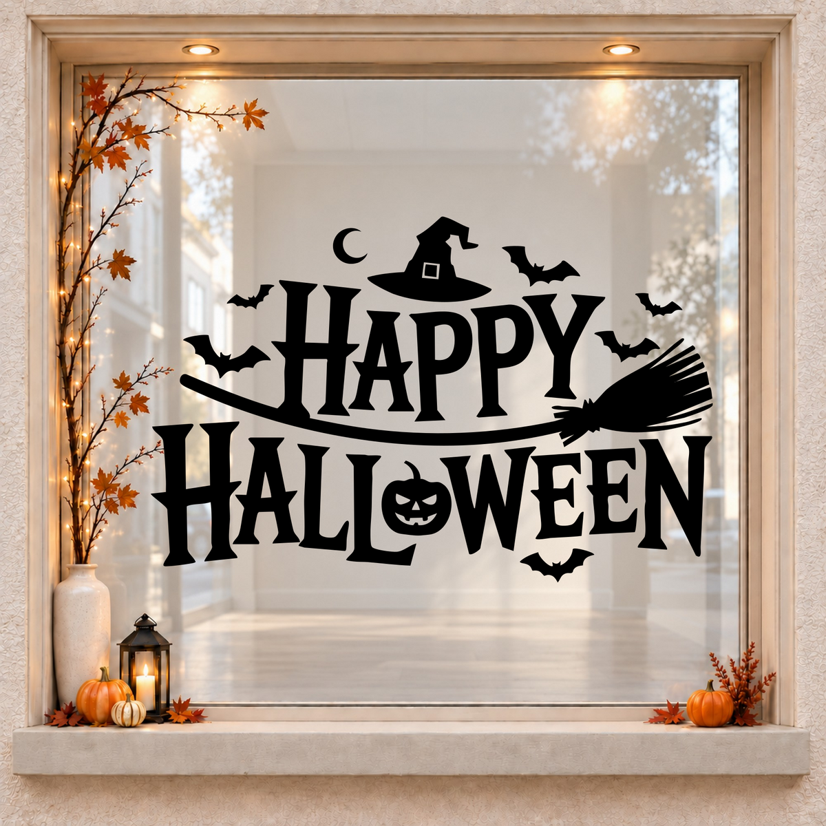 Witch on a Broom Happy Halloween window sticker showing a flying witch on a broom, bats and a moon around Happy Halloween lettering, black vinyl on a light wood-framed Halloween window