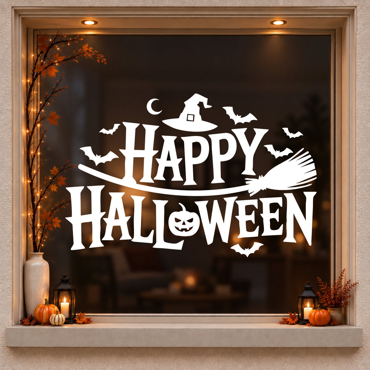 Witch on a Broom Happy Halloween window sticker showing a flying witch on a broom, bats and a moon around Happy Halloween lettering, white vinyl on a dark wood-framed Halloween window