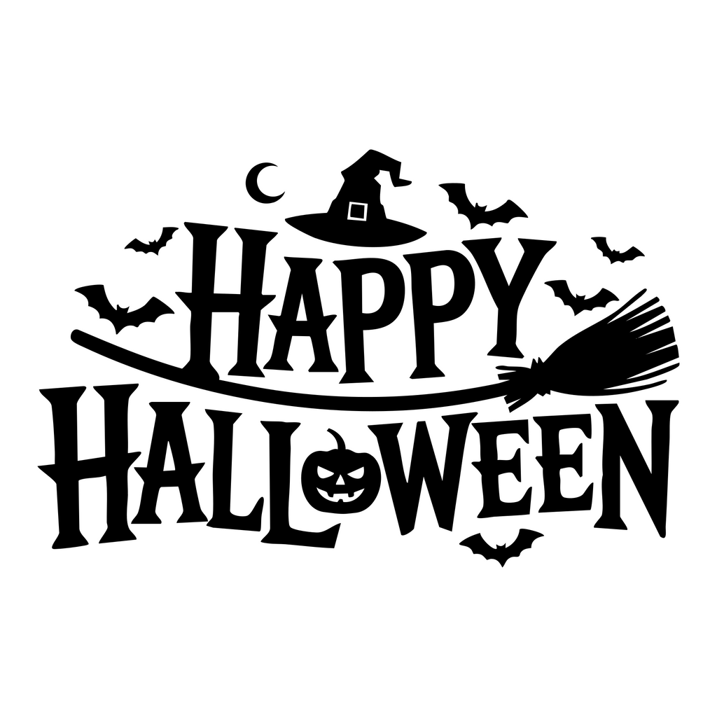 Witch on a Broom Happy Halloween window sticker showing a flying witch on a broom, bats and a moon around Happy Halloween lettering, black vinyl artwork on a plain white background