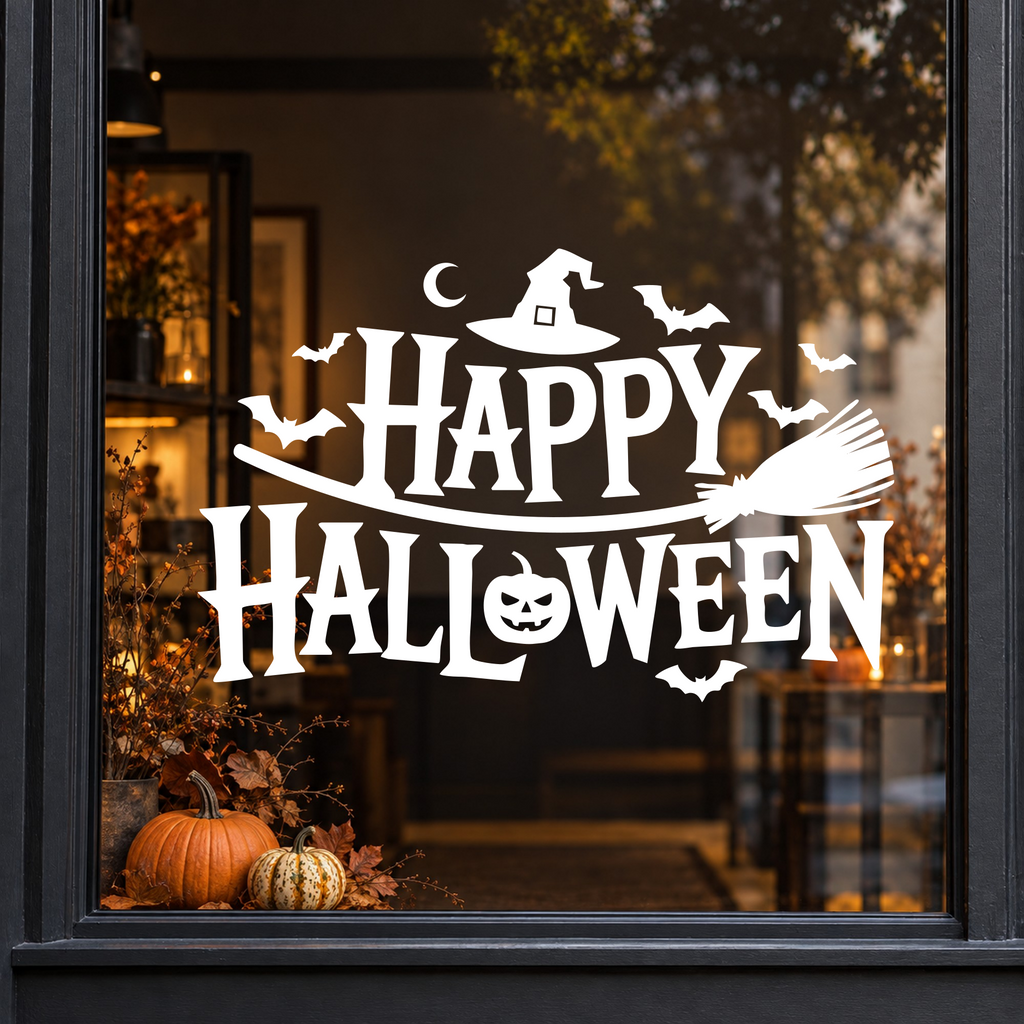 Witch on a Broom Happy Halloween window sticker showing a flying witch on a broom, bats and a moon around Happy Halloween lettering, white vinyl on a dark shop window with a charcoal frame