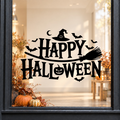 Witch on a Broom Happy Halloween window sticker showing a flying witch on a broom, bats and a moon around Happy Halloween lettering, black vinyl on a light shop window with a dark charcoal frame