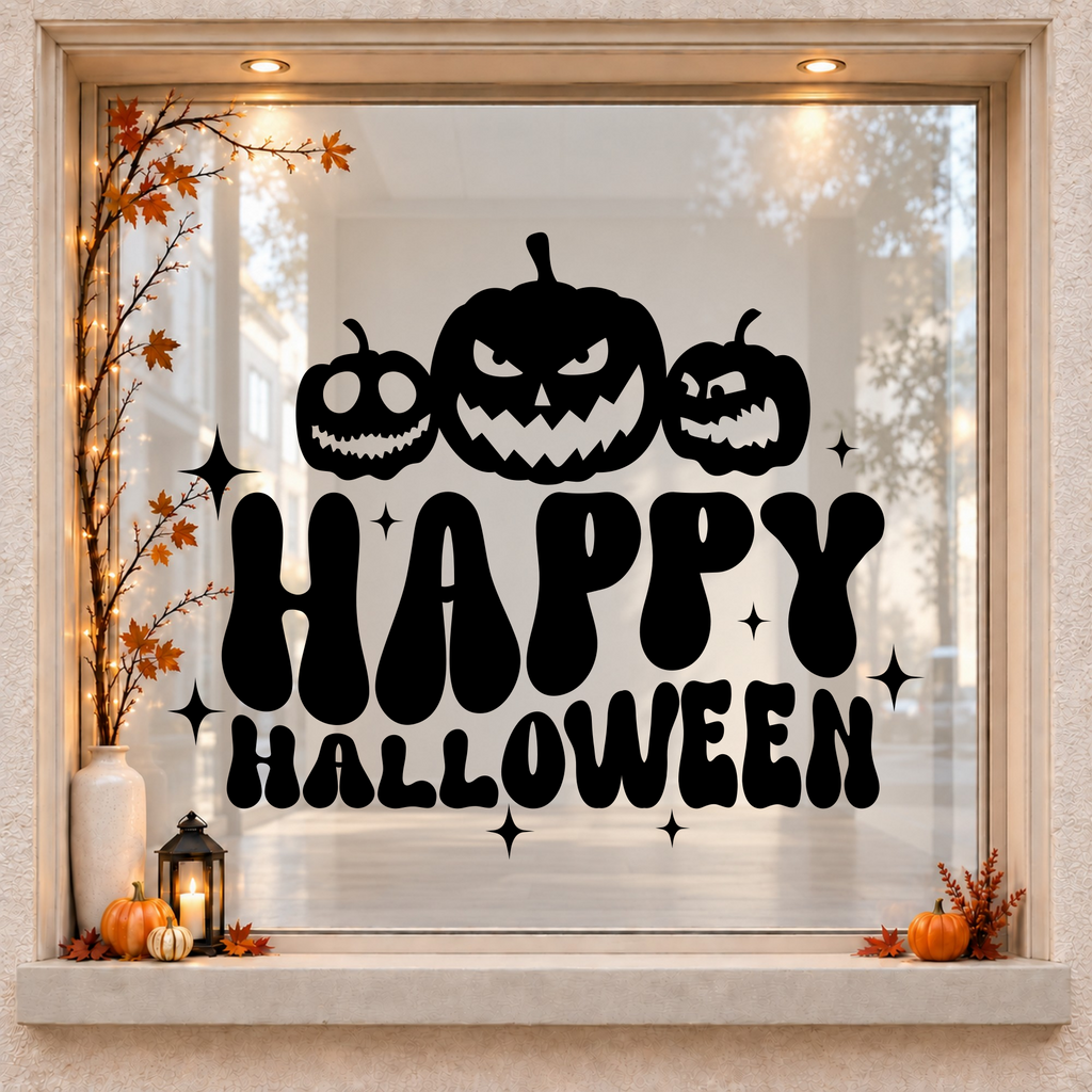 Pumpkins Happy Halloween window sticker showing three jack-o’-lantern pumpkins above bold Happy Halloween lettering, black vinyl on a light wood-framed Halloween window
