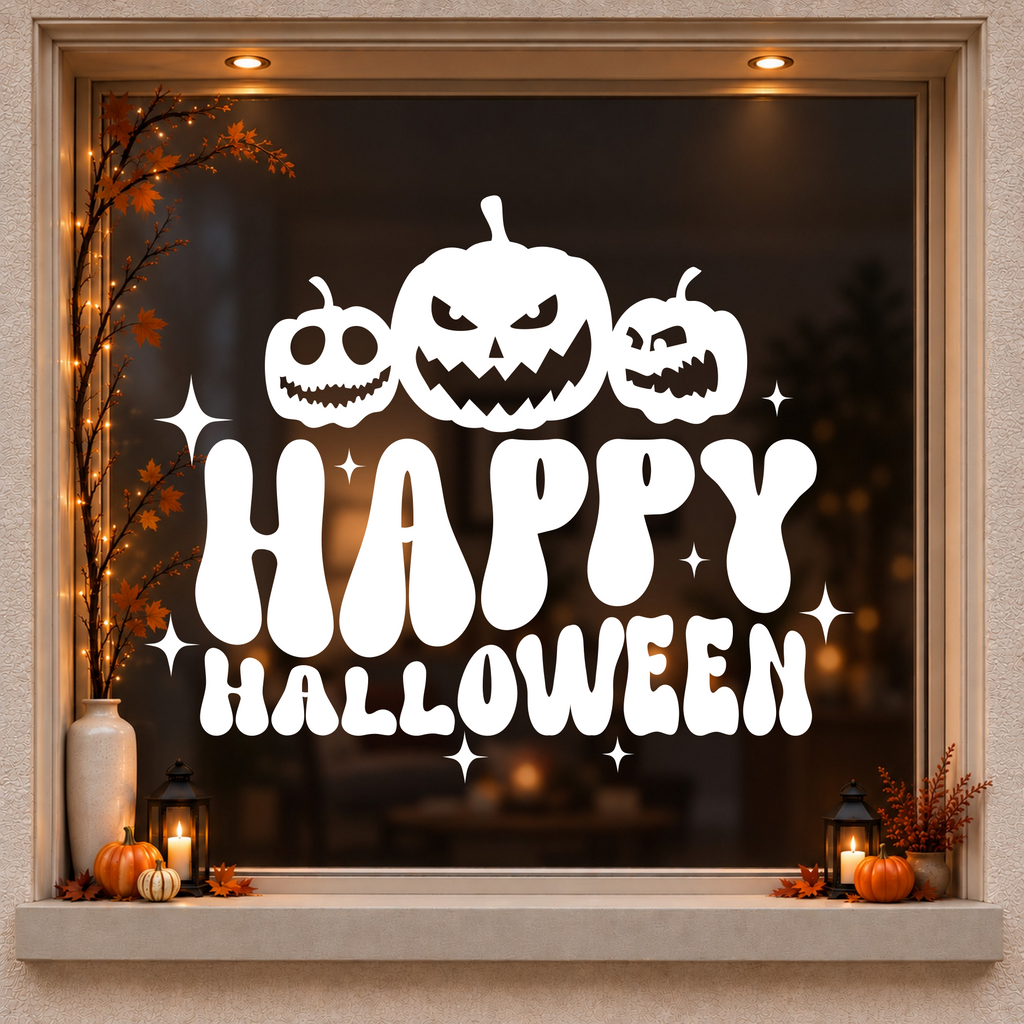 Pumpkins Happy Halloween window sticker showing three jack-o’-lantern pumpkins above bold Happy Halloween lettering, white vinyl on a dark wood-framed Halloween window