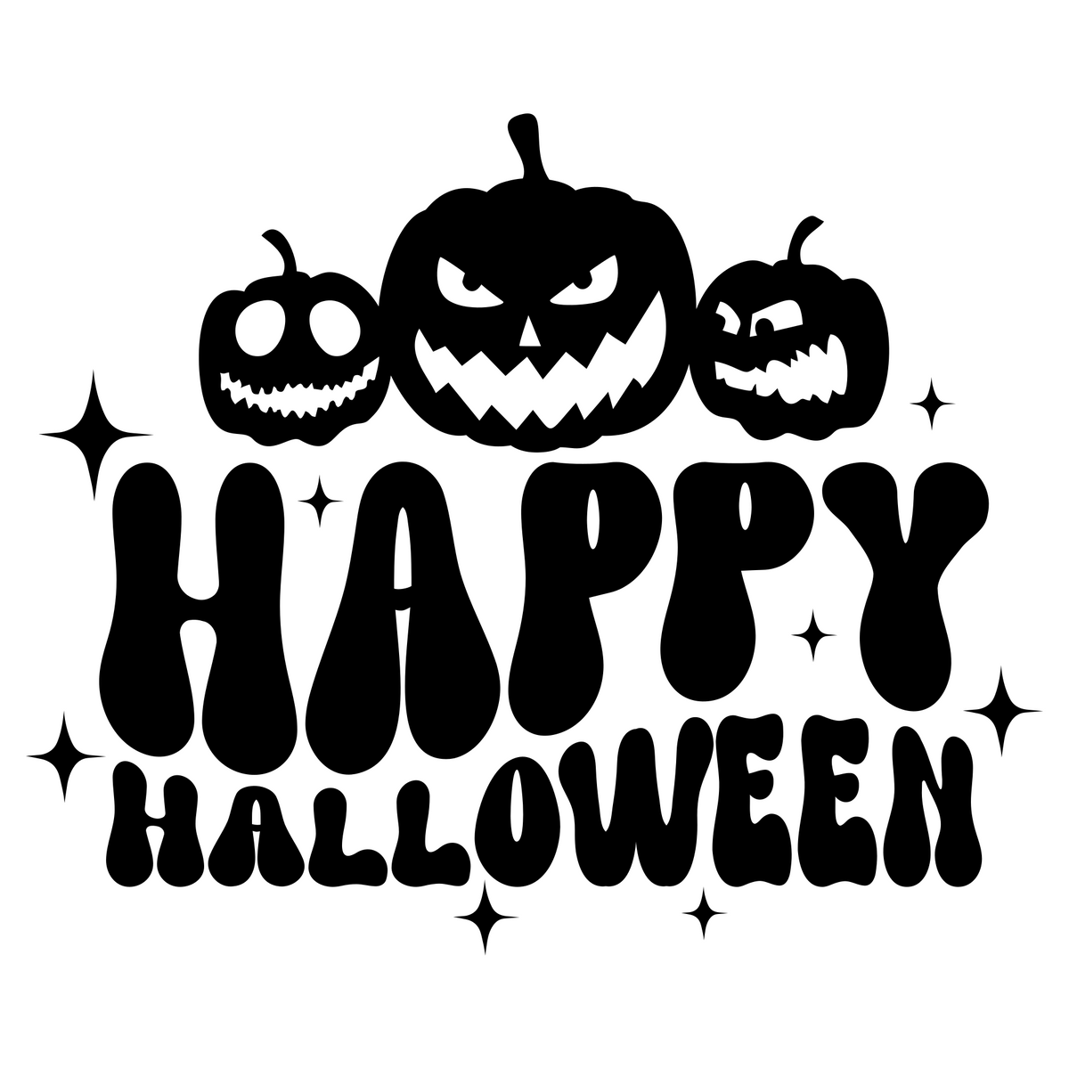 Pumpkins Happy Halloween window sticker showing three jack-o’-lantern pumpkins above bold Happy Halloween lettering, black vinyl artwork on a plain white background