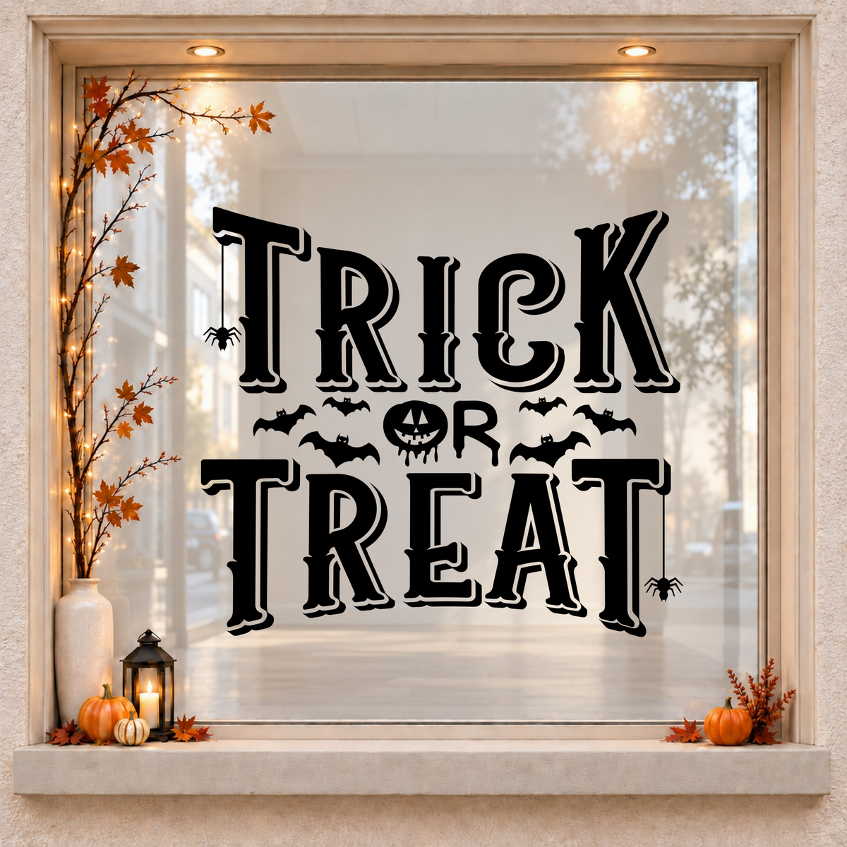 Trick or Treat Bats window sticker showing bold Trick or Treat lettering with small bats and Halloween flourishes, black vinyl on a light wood-framed Halloween window