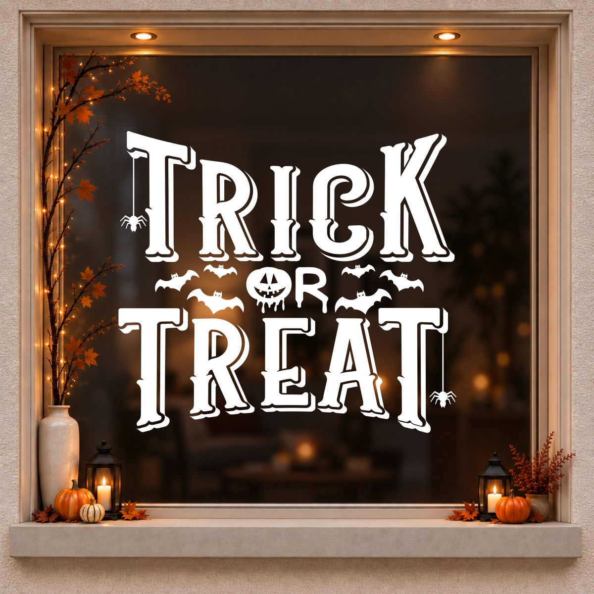 Trick or Treat Bats window sticker showing bold Trick or Treat lettering with small bats and Halloween flourishes, white vinyl on a dark wood-framed Halloween window
