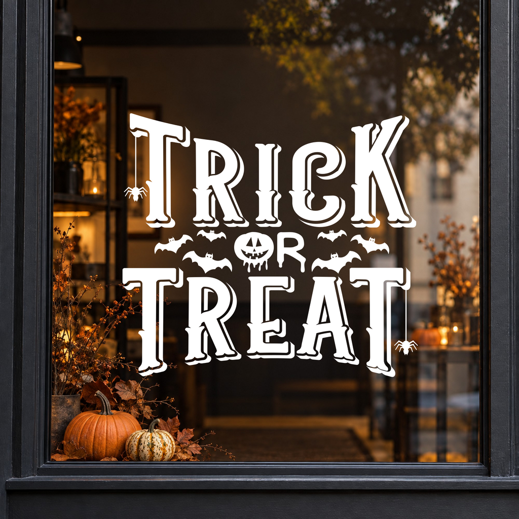 Trick or Treat Bats window sticker showing bold Trick or Treat lettering with small bats and Halloween flourishes, white vinyl on a dark shop window with a charcoal frame