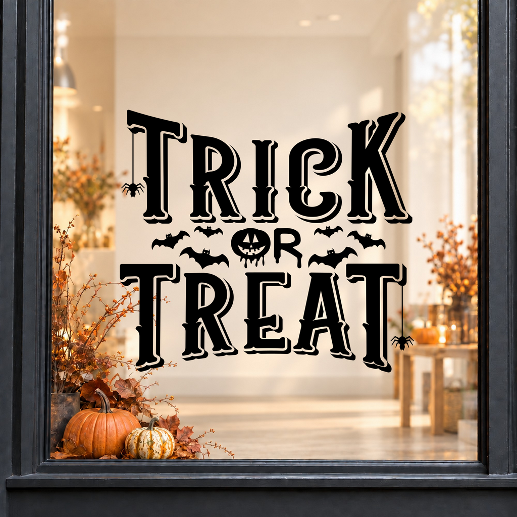 Trick or Treat Bats window sticker showing bold Trick or Treat lettering with small bats and Halloween flourishes, black vinyl on a light shop window with a dark charcoal frame