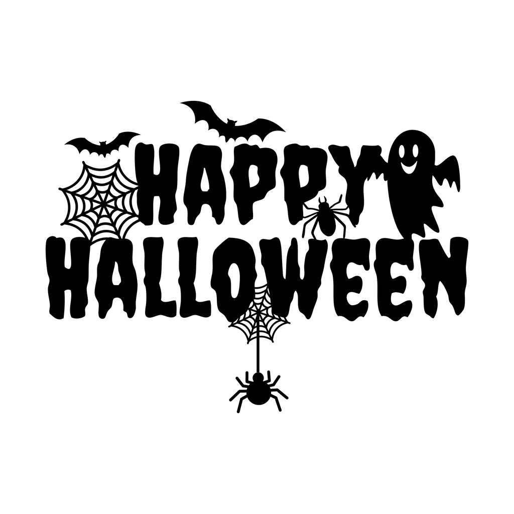 Ghost & Spider Happy Halloween window sticker showing Happy Halloween lettering with a ghost, spiderweb and hanging spider, black vinyl artwork on a plain white background