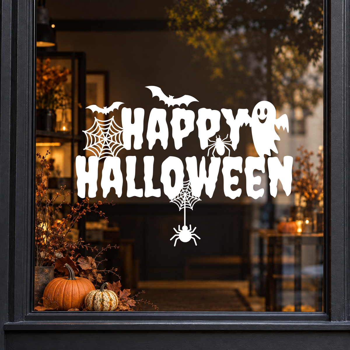 Ghost & Spider Happy Halloween window sticker showing Happy Halloween lettering with a ghost, spiderweb and hanging spider, white vinyl on a dark shop window with a charcoal frame