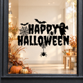 Ghost & Spider Happy Halloween window sticker showing Happy Halloween lettering with a ghost, spiderweb and hanging spider, black vinyl on a light shop window with a dark charcoal frame