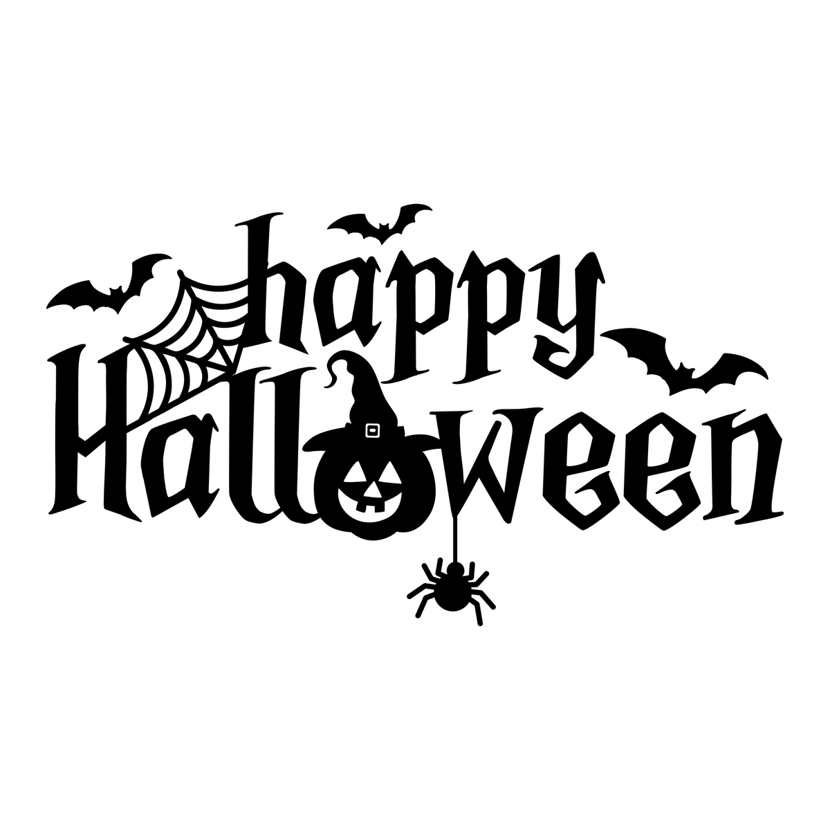 Pumpkin Happy Halloween window sticker showing hand-lettered Happy Halloween text with a jack-o’-lantern, bat and hanging spider, black vinyl artwork on a plain white background