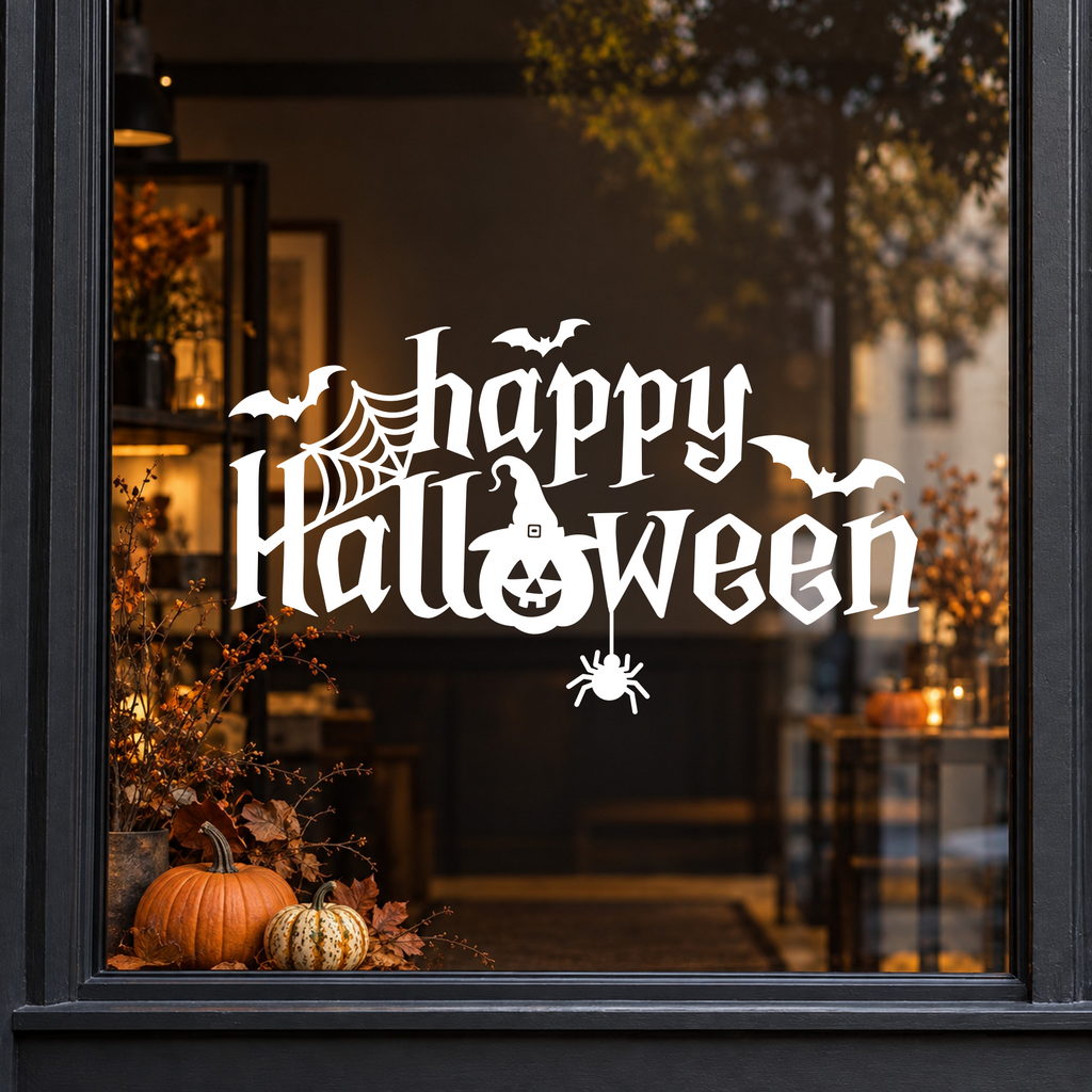 Pumpkin Happy Halloween window sticker showing hand-lettered Happy Halloween text with a jack-o’-lantern, bat and hanging spider, white vinyl on a dark shop window with a charcoal frame