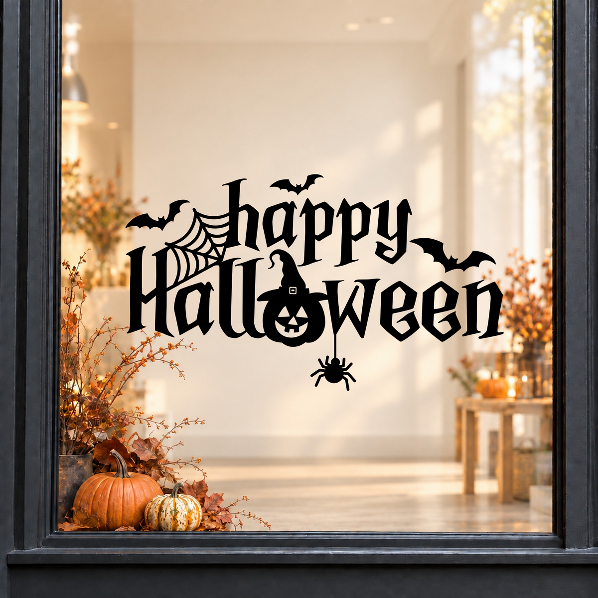 Pumpkin Happy Halloween window sticker showing hand-lettered Happy Halloween text with a jack-o’-lantern, bat and hanging spider, black vinyl on a light shop window with a dark charcoal frame