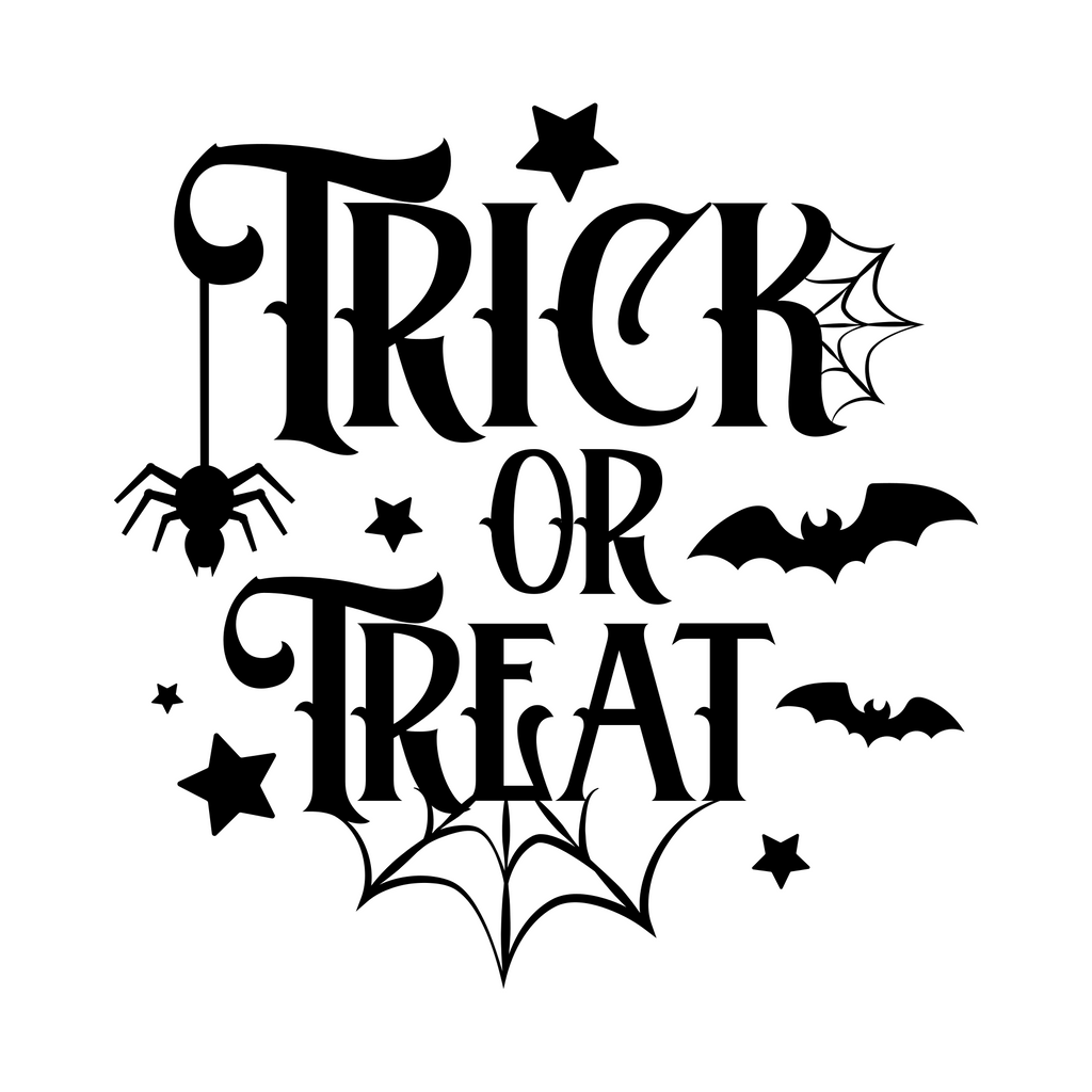 Trick or Treat Cobweb window sticker showing ornate Trick or Treat lettering with a cobweb, bat and Halloween details, black vinyl artwork on a plain white background