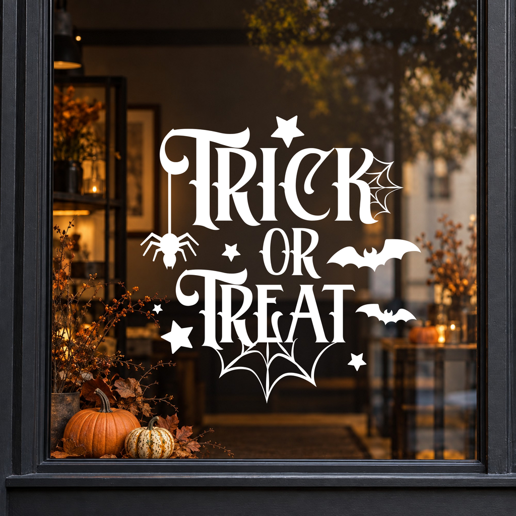Trick or Treat Cobweb window sticker showing ornate Trick or Treat lettering with a cobweb, bat and Halloween details, white vinyl on a dark shop window with a charcoal frame