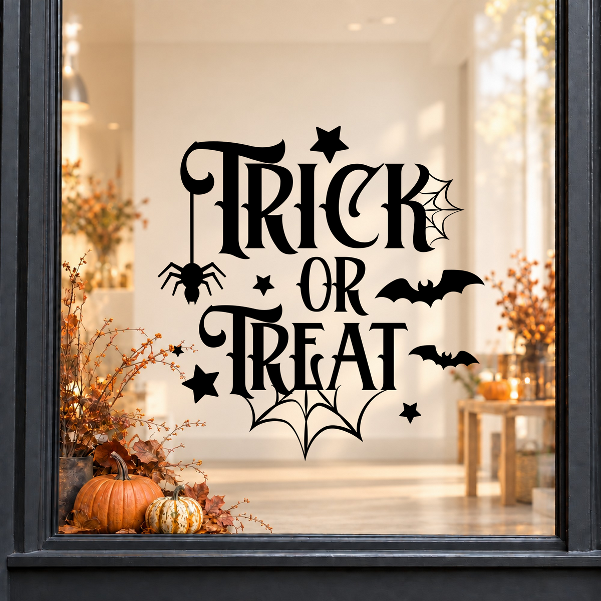 Trick or Treat Cobweb window sticker showing ornate Trick or Treat lettering with a cobweb, bat and Halloween details, black vinyl on a light shop window with a dark charcoal frame