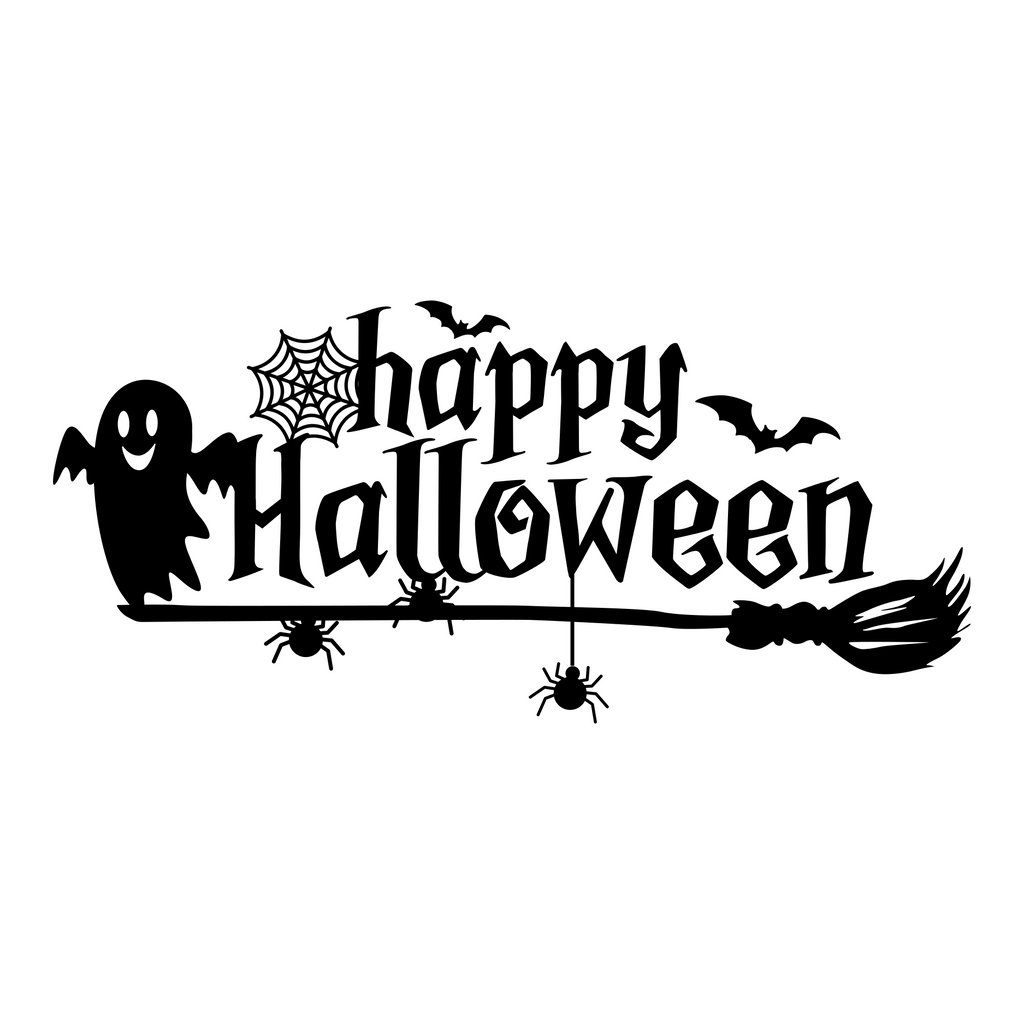 Ghost Happy Halloween window sticker showing Happy Halloween lettering with a friendly ghost, witch’s hat, bat and broom, black vinyl artwork on a plain white background