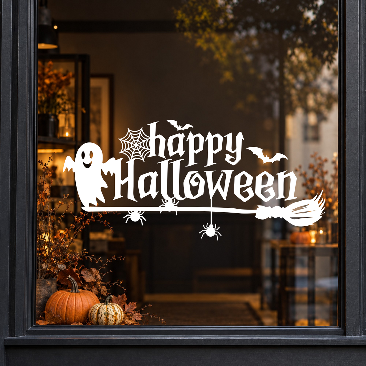 Ghost Happy Halloween window sticker showing Happy Halloween lettering with a friendly ghost, witch’s hat, bat and broom, white vinyl on a dark shop window with a charcoal frame