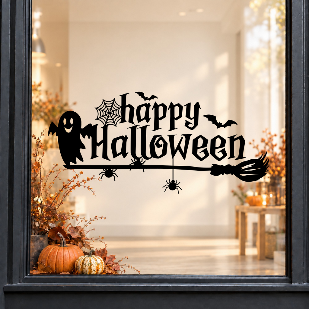 Ghost Happy Halloween window sticker showing Happy Halloween lettering with a friendly ghost, witch’s hat, bat and broom, black vinyl on a light shop window with a dark charcoal frame