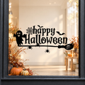 Ghost Happy Halloween window sticker showing Happy Halloween lettering with a friendly ghost, witch’s hat, bat and broom, black vinyl on a light shop window with a dark charcoal frame