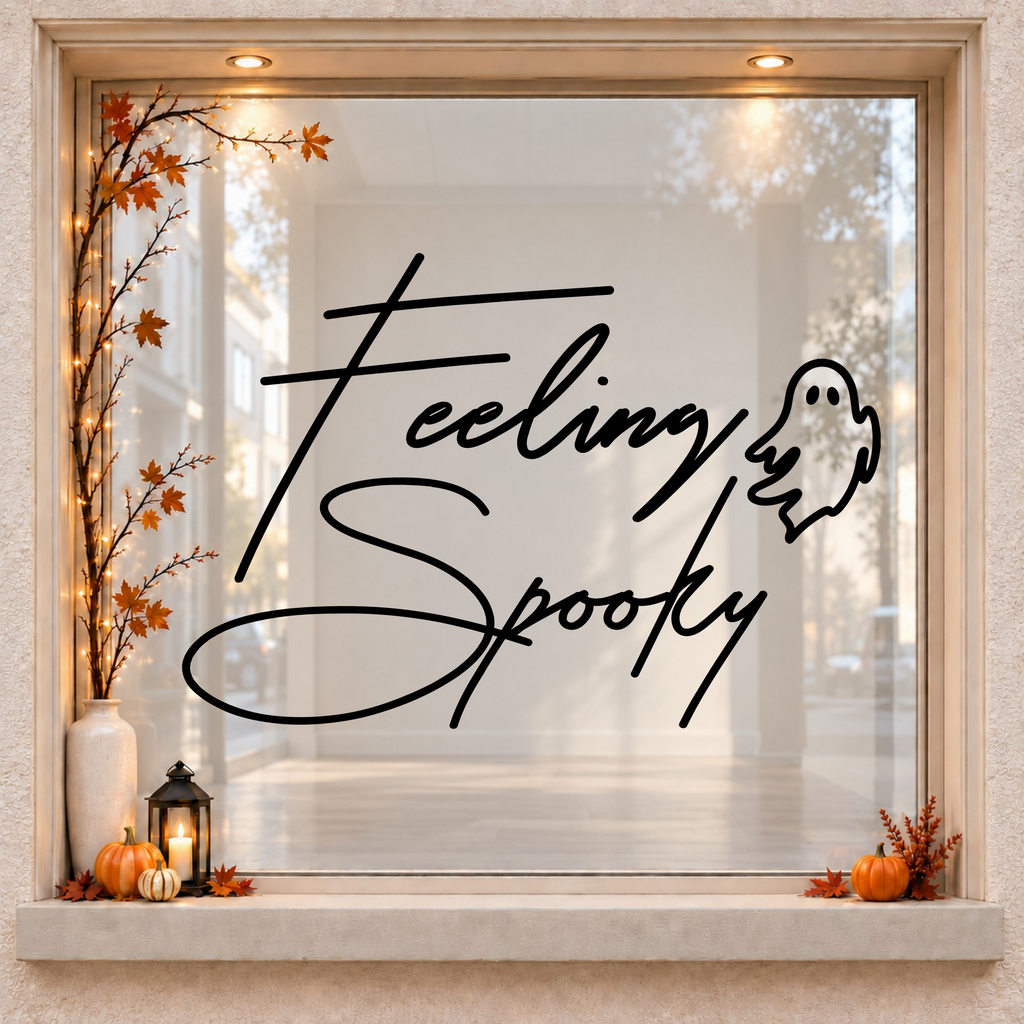Feeling Spooky Ghost window sticker showing script Feeling Spooky lettering with a small ghost, black vinyl on a light wood-framed Halloween window