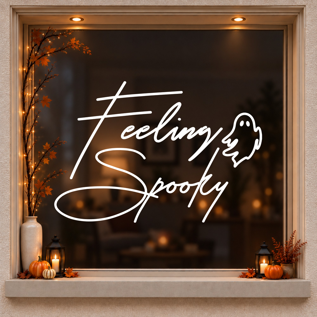 Feeling Spooky Ghost window sticker showing script Feeling Spooky lettering with a small ghost, white vinyl on a dark wood-framed Halloween window