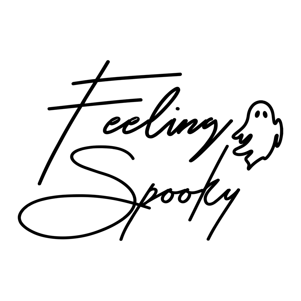 Feeling Spooky Ghost window sticker showing script Feeling Spooky lettering with a small ghost, black vinyl artwork on a plain white background